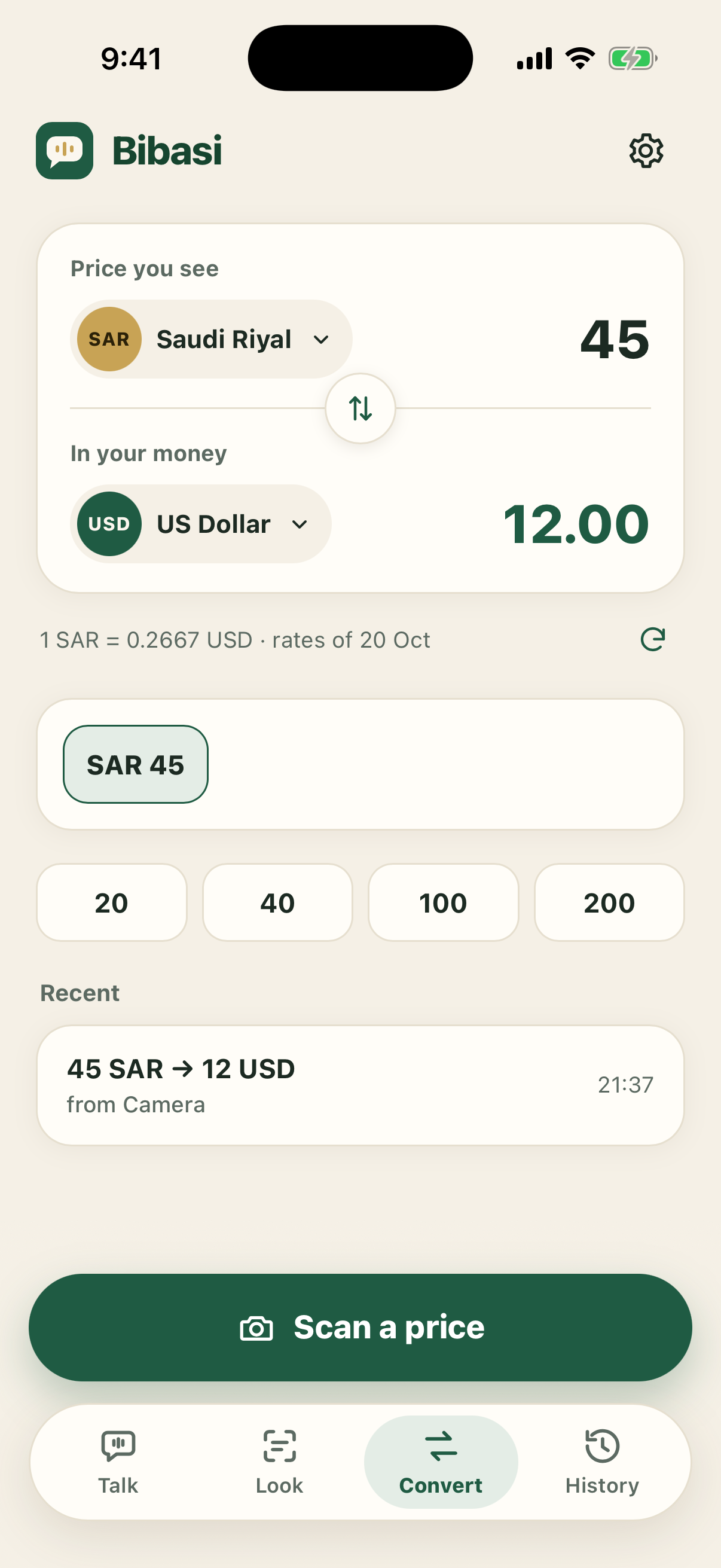 Bibasi converting 45 Saudi riyals into 12.00 US dollars at 1 SAR = 0.2667 USD, with the scanned price SAR 45 and a Scan a price button.