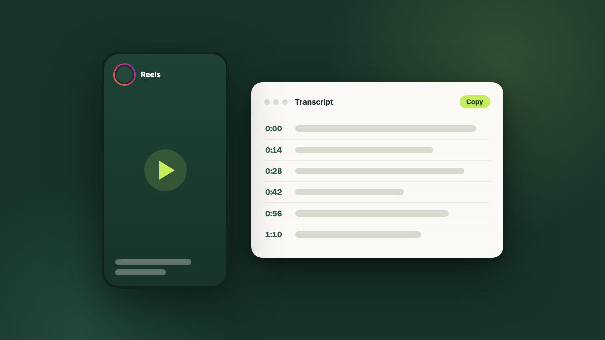 Illustration of an Instagram Reels player next to a timestamped transcript panel