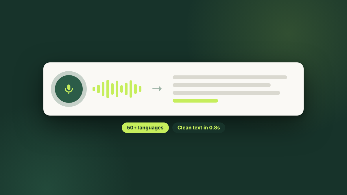 Illustration of a speech waveform turning into clean lines of text, with a 50+ languages badge