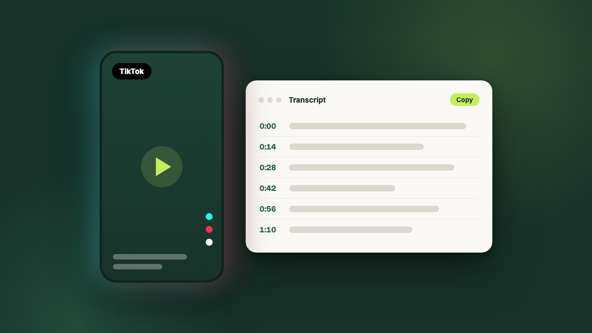 Illustration of a TikTok player next to a timestamped transcript panel