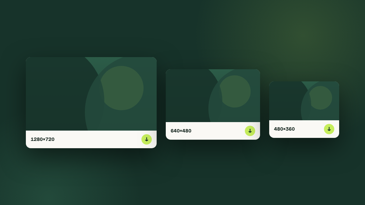 Illustration of three YouTube thumbnails at different sizes, each with a download button