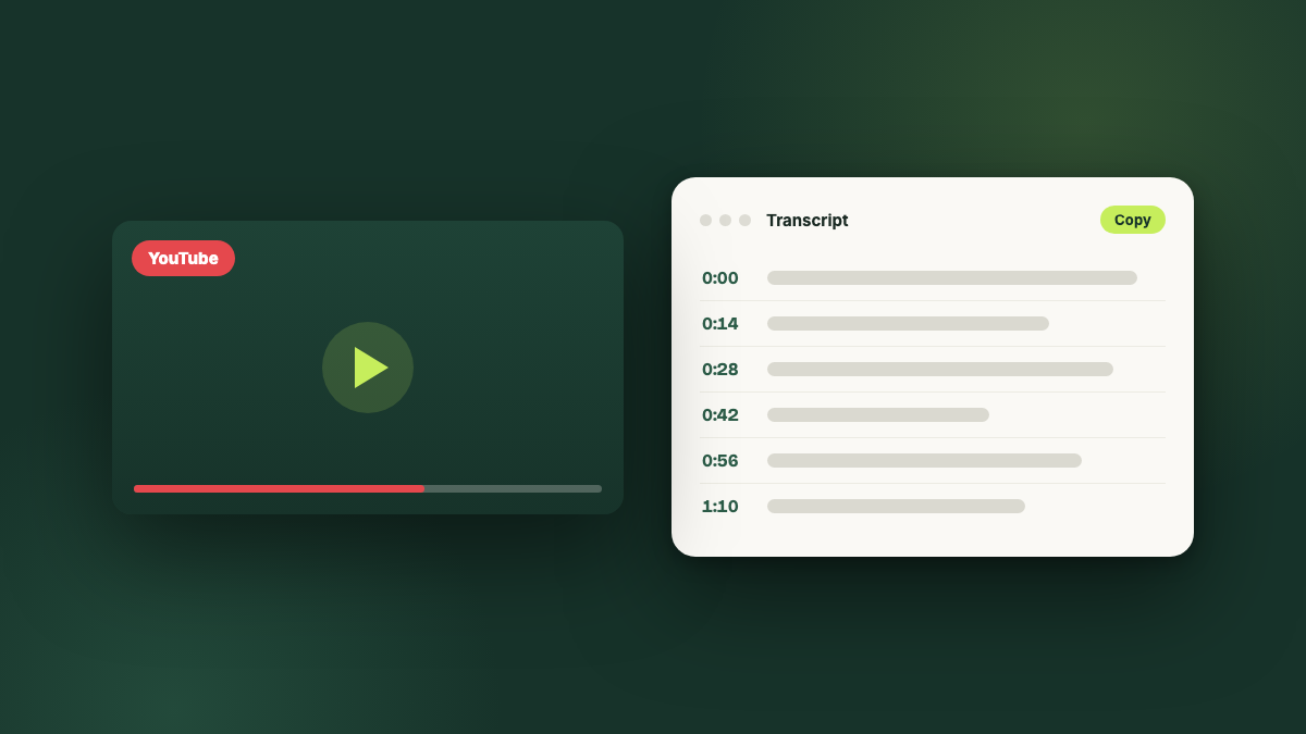 Illustration of a YouTube player next to a timestamped transcript panel
