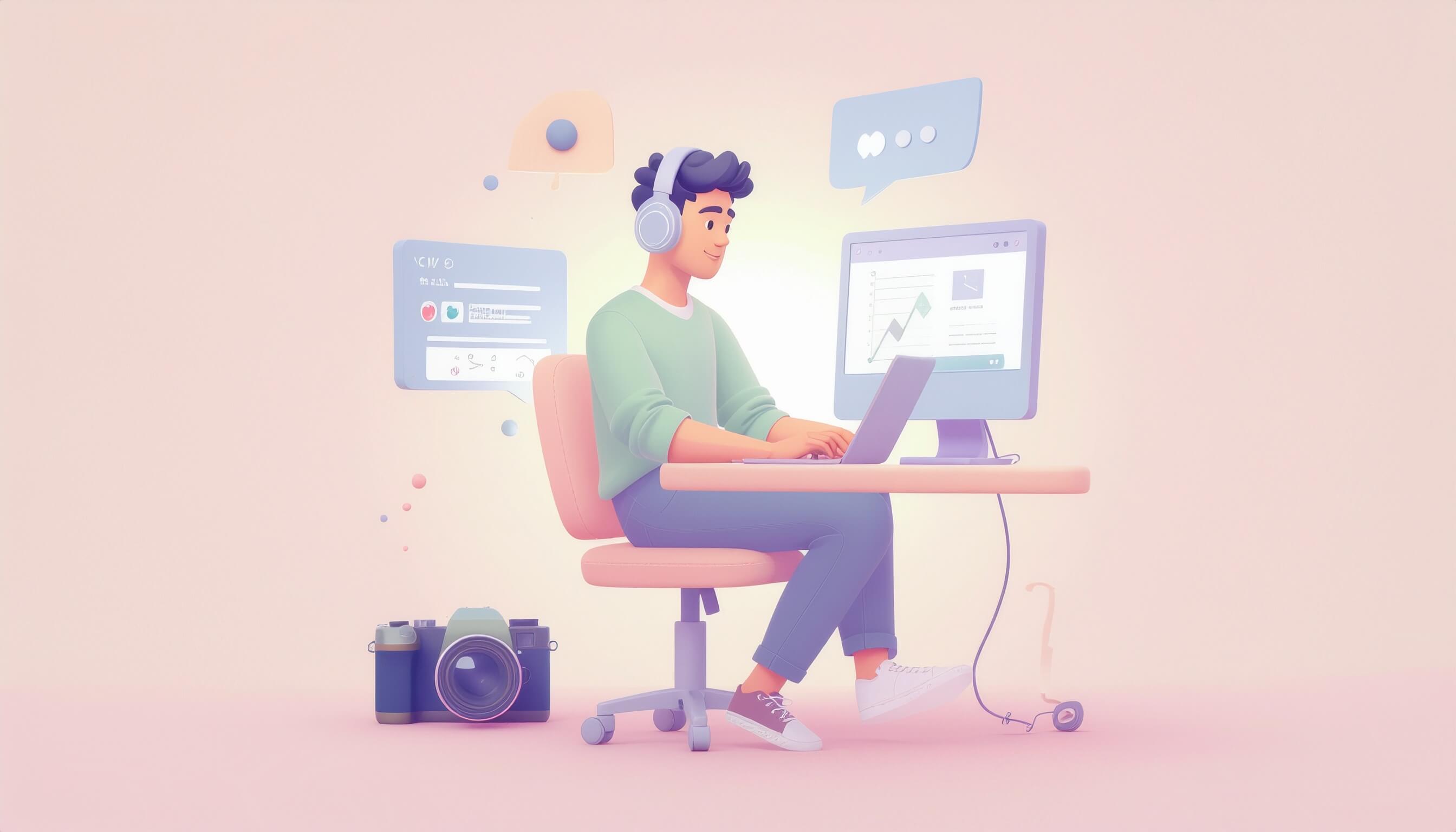 Illustration of a creator with headphones analyzing video performance charts at a desk