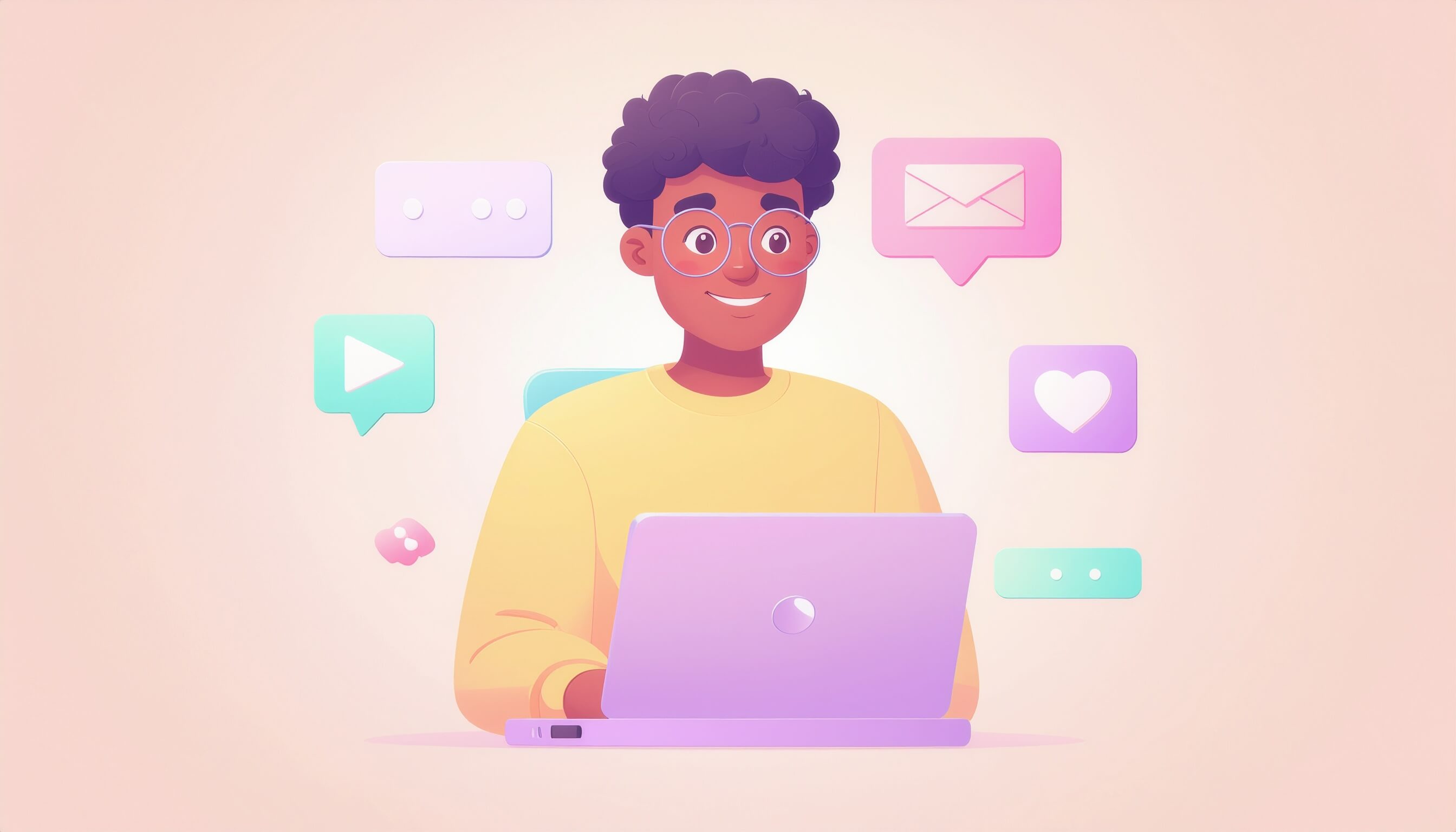 Illustration of a creator at a laptop surrounded by social media engagement icons
